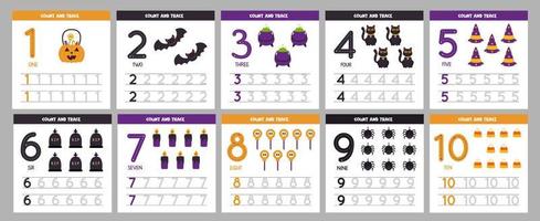 Collection of flashcards for learning numbers for children. Halloween elements. vector