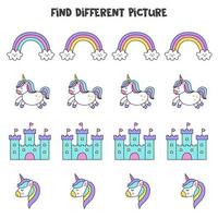 Find unicorn element which is different from others. Worksheet for kids. vector