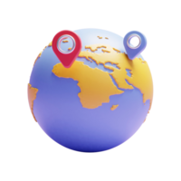 Ícono de concepto de ubicación de pin de mapa global 3d o ubicación de mapa de pin 3d en el globo para viajes o avión de turismo png