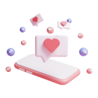 Amor en las redes sociales en 3d e icono del corazón o amor en las redes sociales en 3d con el teléfono en la mano png