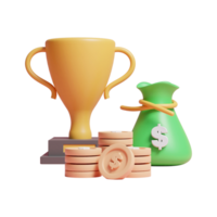 Sucesso do vencedor 3d dando ícone de conceito de dinheiro ou ícone de conceito de doação de preço vencedor 3d png