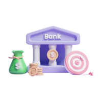 ícone de conceito de dinheiro de poupança de banco online 3d ou poupança de dinheiro de investimento 3d em banco e saco de dinheiro png