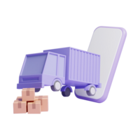 Caminhão de caixa de papelão 3d fora do smartphone ou entrega de caixa de papelão 3d no caminhão