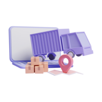 3d cardboard box truck out of laptop or 3d cardboard box delivery on truck for pin location png