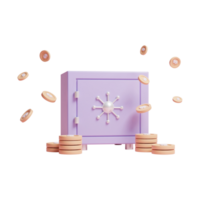 caja de ahorro 3d con dinero de oro volador o casillero de dinero seguro 3d con dinero de oro png