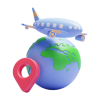 Icono de interfaz de usuario de concepto de planificación de viaje de ubicación de pin 3d o mapa de pin 3d con viaje en avión de vuelo png