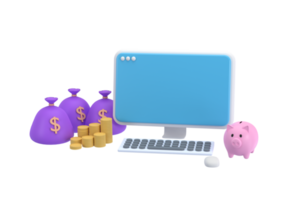 3D. A computer, a piggy bank and a pile of coins with a bag of money. online money making ideas png