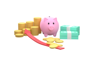 Piggy bank, stacks of coins, banknotes. concept business investment. png