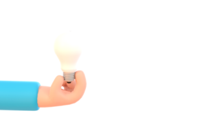 3D-Cartoon-Hand, die Glühbirne auf lila Hintergrund hält. denken, gute idee und geschäftserfolg kreatives konzept png