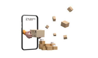 3D. Cartoon courier hand from smartphone in orange holding cardboard box. png