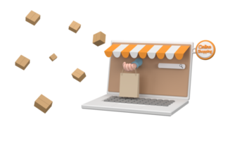 Comercio electrónico de dibujos animados en 3d o concepto de compras en línea con las manos saliendo de una pantalla de computadora png