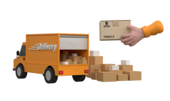 3D. Cartoon hand accepting a delivery of boxes from deliveryman. png