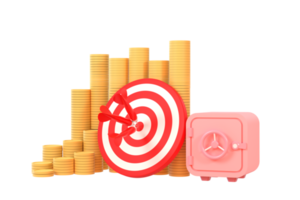 red darts target with a pile of money, safe and a bag of money. financial business concept png