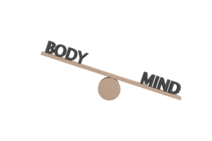 3D. words body and mind on wooden seesaw unbalancing on white background png