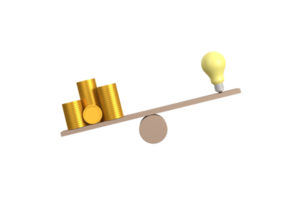 3d. la pile de pièces compare l'idée de l'ampoule sur la bascule à l'échelle du bois. la pièce d'or d'argent compare le déséquilibre avec le concept de connaissance. png