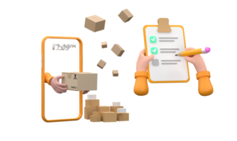 3D. Cartoon hand of a courier's make checked and hand writing on clipboard png