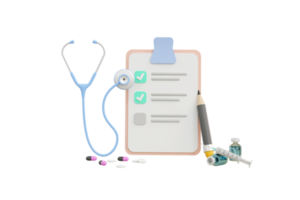 3D. Stethoscope and notes on blue background, health check concept. png