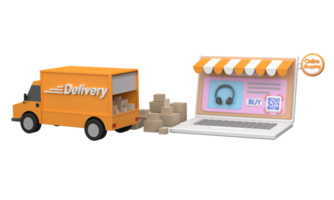 3d. computador portátil com tela de código qr compra e caminhão de entrega. conceito de compras online