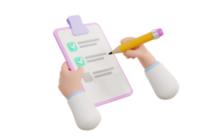 3D. Cartoon hand Medical Clipboard.Medical report and pencil. png