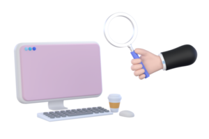 3D. Cartoon hand holding magnifying glass and computer PC png