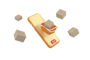 a caixa de encomendas é colocada em uma cesta de compras e todas colocadas na tela do smartphone. entrega e conceito de compras online, png