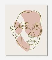 Vector poster with illustration of woman s line art face. Modern one line drawing with blobs, pastel colors. Sisterhood and Feminism. Illustration for web and print.