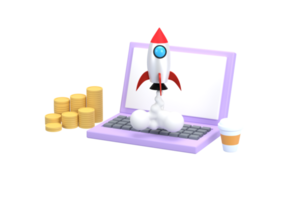 3D. notebook computer and coins, A rocket soared up on sky. concept  business startup. png