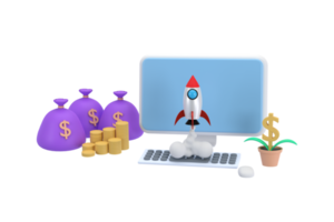 3D. computer and a pile of coins with a bag of money. A rocket soared up on sky. business idea. png
