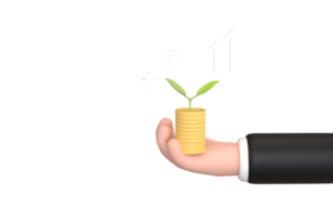 Cartoon businessman in a business suit holding a pot with a growing money tree holding a pile of coins, png