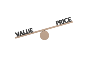 3D. words value and price on wooden seesaw unbalancing on white background png