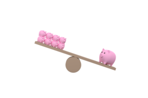 3D. piggy bank on wood seesaw unbalancing. Saveing concept png