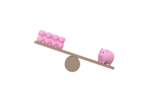 3d. Sparschwein auf Holzwippe aus dem Gleichgewicht. Sparkonzept png