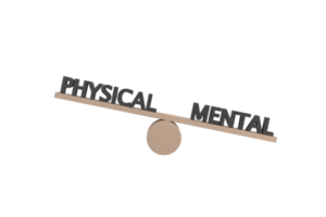 3D. words physical and mental on wooden seesaw unbalancing on white background png