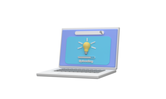 3D. A laptop uploading creativity different from others with a light bulb as a symbol. png