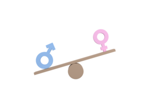 3D. Gender equality concept. Gender symbols unbalancing on wooden seesaw. png
