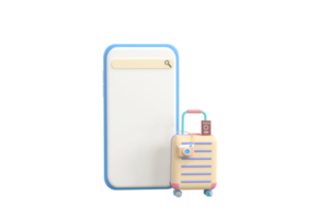 3d maleta, cámara con smartphone. concepto de viaje png