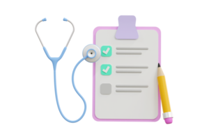 3D. Stethoscope and notes on blue background, health check concept. png