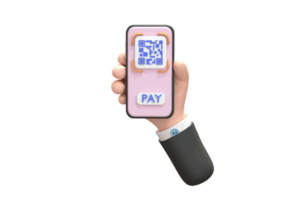 3d. ícone de digitalização de código qr no smartphone. mão segurando o celular, scanner de código de barras para pagamento.