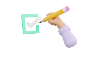 3D. Cartoon hand Checklist concept, checking mark on the check boxes with marker png