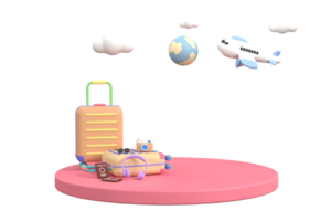 3d. podium stage surrounded by traveler accessories for showing or presentation. png