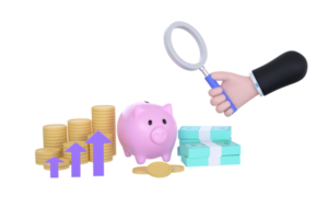 3D. hand holding magnifying glass and piggy bank, stacks of coins, banknotes. concept business investment. png