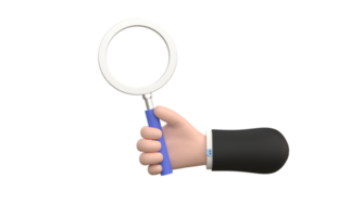 3D. Cartoon hand holding magnifying glass isolated png