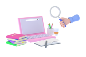 3D. hand holding magnifying glass and readiness to study laptop for educational information png