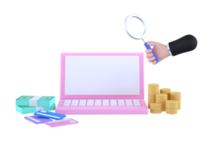 hand holding magnifying glass and Computers, coins and credit card. finance concept. png
