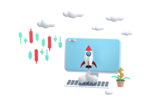 3d. tabla de valores de computadora y bombilla, un cohete se elevó en el cielo. concepto de idea financiera de negocios. png