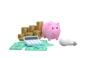 Piggy bank, stacks of coins, banknotes and calculators. savings and investment ideas png