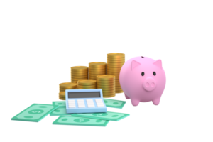 Piggy bank, stacks of coins, banknotes and calculators. savings and investment ideas png