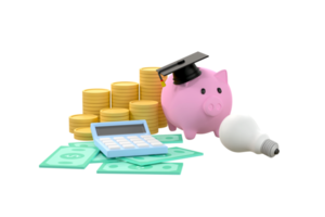 Piggy bank and graduation cap collecting money for education idea png