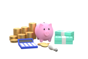 Piggy bank, stacks of coins, banknotes and calculators. savings and investment ideas png