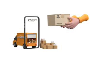 3D. Cartoon express delivery. Courier takes box out of van. Phone with delivery app. png